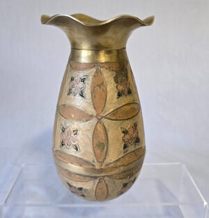 Solid Brass Fluted Vase 7" Hand Painted Enamel Floral Details Decorative Vintage